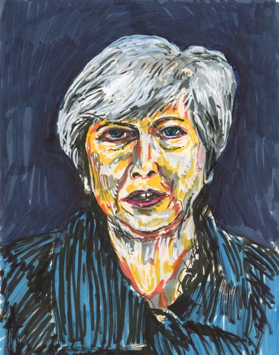 Theresa May, 2019 (tusz i farba akrylowa na papierze) autorstwa Simon Neville