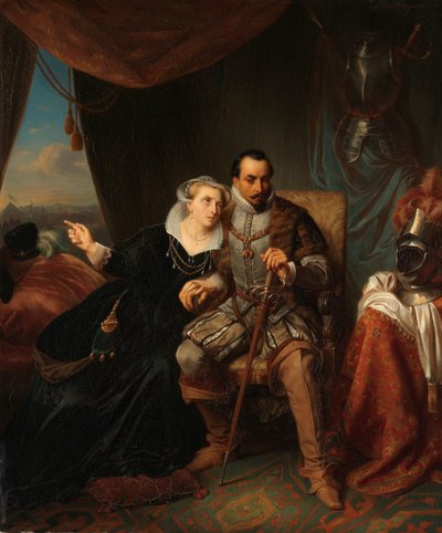 Magdalena Moons błaga swojego narzeczonego Francisco Valdeza, aby odłożył szturm na Lejdę na kolejną noc, 1574 Scena z wojny osiemdziesięcioletniej autorstwa Simon Opzoomer