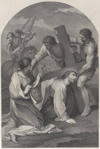 Chrystus upadł na ziemię pod ciężarem krzyża, w asyście dwóch mężczyzn i ..., ok. 6 tys. 1729. autorstwa Simon Vallee