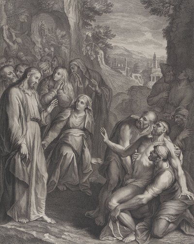 Wskrzeszenie Łazarza, z Chrystusem stojącym po lewej stronie, ca. 1729. autorstwa Simon Vallee
