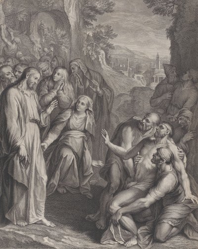 Wskrzeszenie Łazarza, z Chrystusem stojącym po lewej stronie, ca. 1729. autorstwa Simon Vallee
