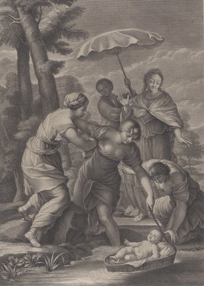 Trzy kobiety ciągnące z wody kosz z małym Mojżeszem, ok. godz. 1729. autorstwa Simon Vallee