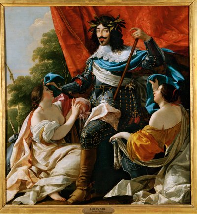 Ludwik XIII między dwiema kobietami symbolizującymi Francję i Nawarrę ... autorstwa Simon Vouet