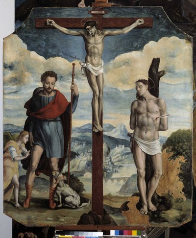 Ukrzyżowanie ze św. Rochem i św. Sebastianem (olej na desce) autorstwa Simon de Châlons