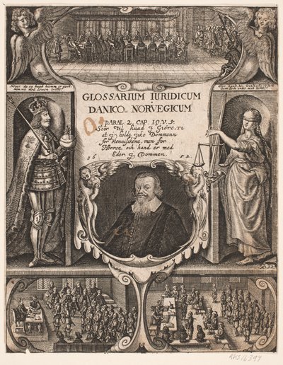 Strona tytułowa z portretem C.O. Welon do "Glosarium juridicum Danico - Norvegicum", 1652 autorstwa Simon de Pas