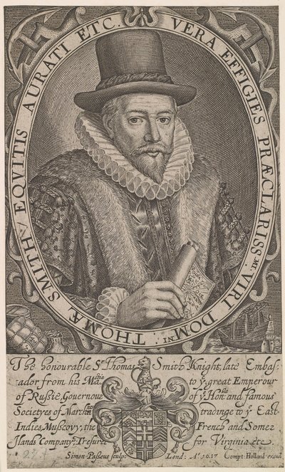 Sir Thomas Smith, pierwszy gubernator Kompanii Wschodnioindyjskiej, ambasador w Rosji 1604-1605, 1617. autorstwa Simon van de Passe