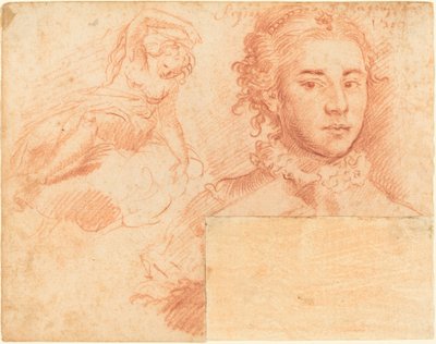 Portret królowej i studium kobiety siedzącej na chmurze; odwrotnie, śpiąca figura autorstwa Simone Cantarini