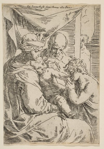 Święta Rodzina ze św. Janem Chrzcicielem całującym rączkę Dzieciątka Chrystus, ok. 1642 r. autorstwa Simone Cantarini