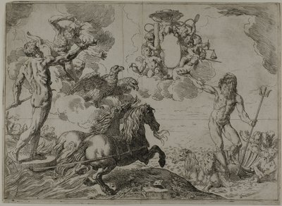 Jowisz, Neptun i Pluton oddają swoje korony w ramiona kardynała Borghese autorstwa Simone Cantarini