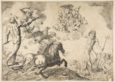 Jowisz, Neptun i Pluton ofiarowują swe korony ramionom kardynała Borghese, 1642-43. autorstwa Simone Cantarini