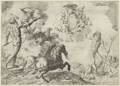 Jowisz, Neptun i Pluton ofiarowują swoje korony w ramionach kardynała Scipione Borghese Teza Jupiter, Neptune et Pluton coronas suas offerunt armis (tytuł na obiekcie) autorstwa Simone Cantarini