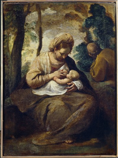 Odpocznij w locie do Egiptu. obraz Simone Cantarini (1612-1648), olej na płótnie. Sztuka włoska (Bolonia) autorstwa Simone Cantarini