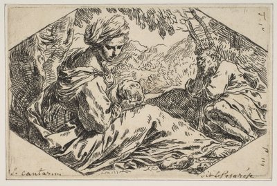 Odpocznij w Egipcie, Maryja trzymająca i patrząca na Dzieciątko Chrystus, podczas gdy św. 1637-1639. autorstwa Simone Cantarini