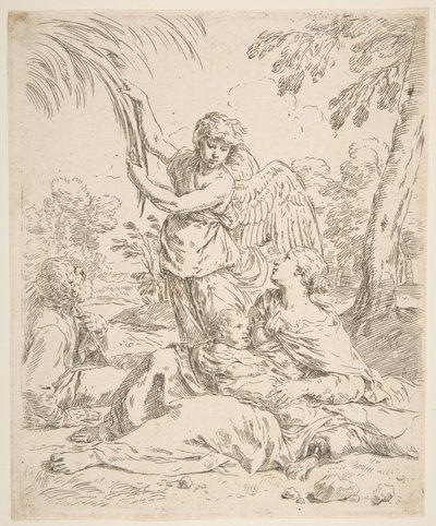 Odpocznij w Egipcie, Maria opiekująca się niemowlęciem Chrystusem, podczas gdy anioł ciągnie za gałęzie drzew, ok. godz. 1639. autorstwa Simone Cantarini