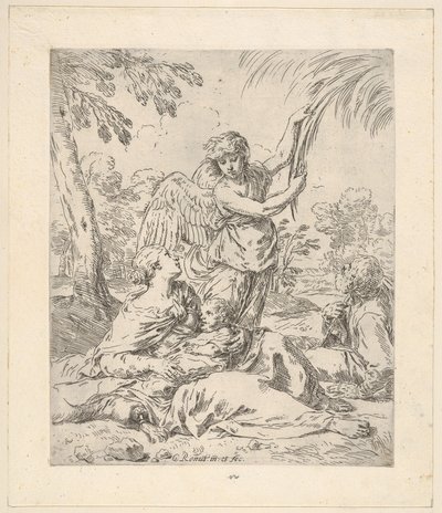Odpocznij w Egipcie, Maryja pielęgnująca niemowlę Chrystus, podczas gdy anioł ciągnie za gałąź..., ok. 1630-1648. autorstwa Simone Cantarini