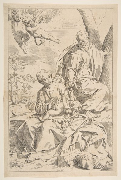 Odpocznij w ucieczce do Egiptu, Maryja trzymająca Dzieciątko Chrystusa, podczas gdy św. 1639. autorstwa Simone Cantarini