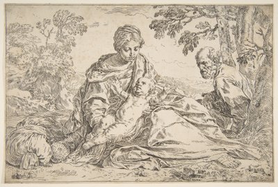 Odpocznij podczas lotu do Egiptu, Maryja trzymająca Dzieciątko Chrystusa ze św. Józefem po prawej stronie, ok. godz. 1640. autorstwa Simone Cantarini