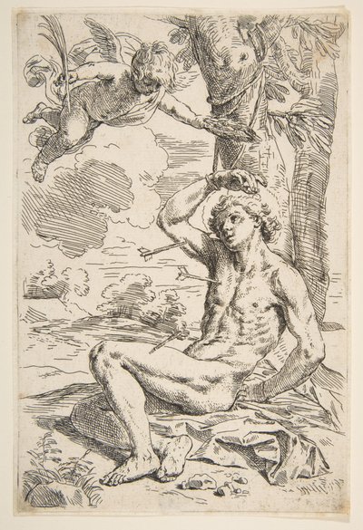 Św. Sebastian przeszyty strzałami i przywiązany do drzewa, ca. 1639. autorstwa Simone Cantarini