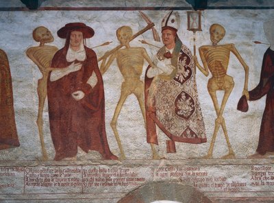 Śmierć prosi kardynała i biskupa do tańca, fragment z Tańca śmierci autorstwa Simone II Baschenis