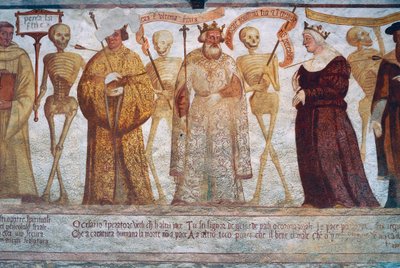 Śmierć z cesarzem, królem i królową, fragment z Tańca śmierci autorstwa Simone II Baschenis