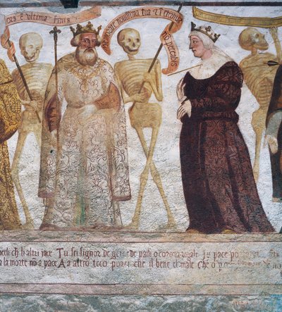 Śmierć z królem i królową, fragment z Tańca śmierci autorstwa Simone II Baschenis