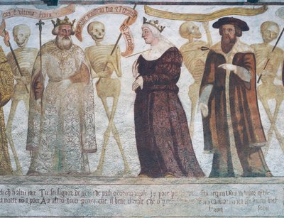 Śmierć z królem, królową i doktorem, fragment z Tańca śmierci autorstwa Simone II Baschenis