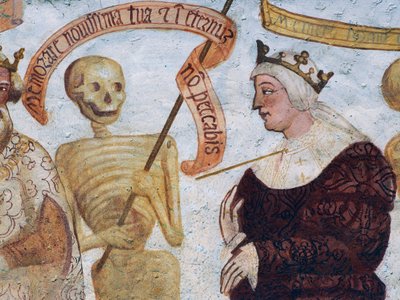 Śmierć z królową, fragment z Tańca śmierci autorstwa Simone II Baschenis