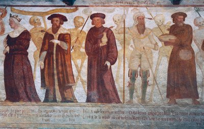 Śmierć z królową, księciem, doktorem i bogatym skąpcem, fragment z Tańca śmierci autorstwa Simone II Baschenis