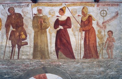 Śmierć z kulawym mężczyzną, zakonnicą, młodą kobietą, staruszką i dzieckiem, fragment z Tańca śmierci autorstwa Simone II Baschenis