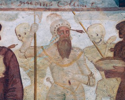 Śmierć z wojownikiem (bohaterem), fragment z Tańca śmierci autorstwa Simone II Baschenis