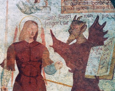 Archanioł Michał i diabeł z księgą siedmiu grzechów głównych, fragment z Tańca śmierci autorstwa Simone II Baschenis