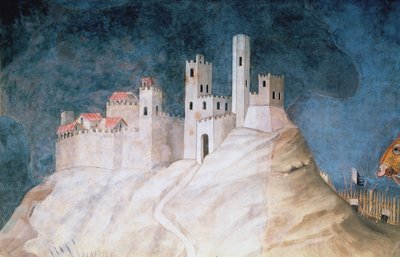Upamiętnienie Guidoriccio da Fogliano podczas oblężenia Montemassi, detal Twierdzy Montemassi, z Sala del Mappamondo, 1328 r. autorstwa Simone Martini