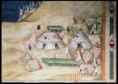 Upamiętnienie Guidoriccio da Fogliano podczas oblężenia Montemassi, szczegóły obozu wojskowego, z Sala del Mappamondo, 1328 r. autorstwa Simone Martini