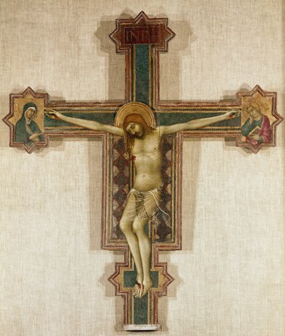 Krucyfiks z Matką Boską i św. Janem Ewangelistą (Tempera na drewnie,1321-1325) autorstwa Simone Martini