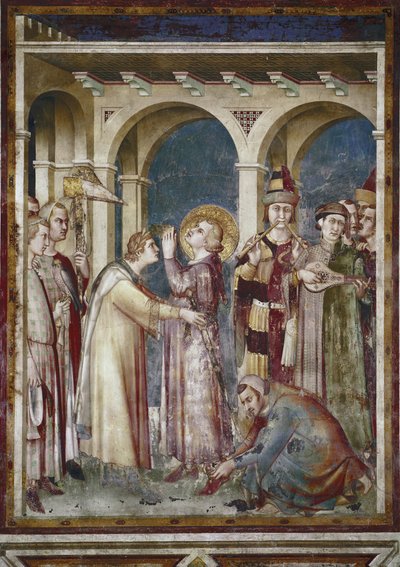 Fresk z życia św. Marcina. Święty Marcin to rycerz, szczegół. Ekwa Saint Martin de Tours i muzycy. Obraz Simone Martini (1280-1344). Fresk autorstwa Simone Martini