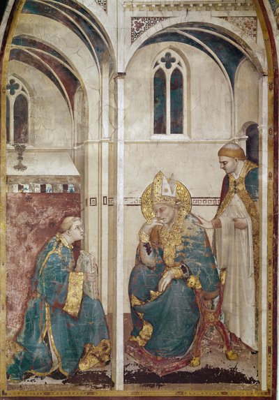 Życie św. Marcina z Tours (316-397): Św. Marcin w medytacji (medytacja Św. Marcin z Tours) - Fresk Simone Martini (ok. 1284-1344), ca. 1312-1317 cm. 390x200 - Bazylika św. Franciszka z Asyżu, dolna kaplica kościelna św. Marcina, Asyż autorstwa Simone Martini