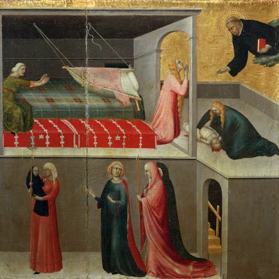 Cud dziecka, które spadło z łóżeczka, fragment ołtarza pt. Błogosławiony Agostino Novello i historie jego życia autorstwa Simone Martini (1283-1344), olej na płótnie, 200x256 cm, ok. 1330 r. autorstwa Simone Martini
