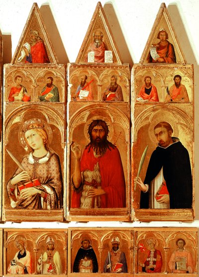 Św. Katarzyna Aleksandryjska, Św. Jan Chrzciciel, Św. Piotr z Werony. Szczegół poliptyku św. Katarzyny Aleksandryjskiej (tempera i złoto na drewnie) autorstwa Simone Martini