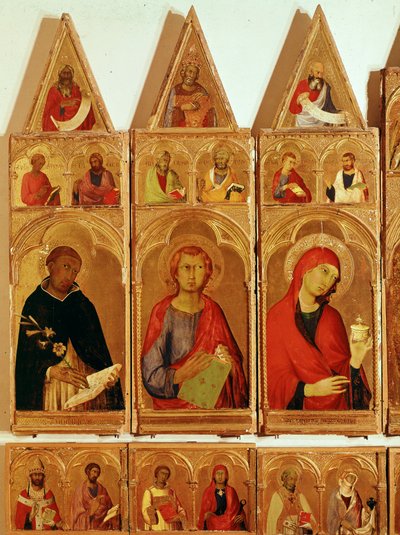 Św. Dominik, Św. Jan Ewangelista, Św. Maria Magdalena. Szczegół poliptyku św. Katarzyny Aleksandryjskiej (tempera i złoto na drewnie) autorstwa Simone Martini