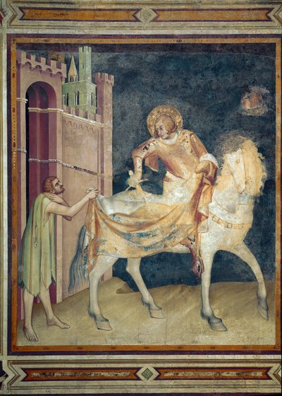 Święty Marcin dzieli swój płaszcz z żebrakiem. Fresk Simone Martini (1282-1344). 1315. Bazylika dolna św. Franciszka z Asyżu, kaplica św. Marcina. Usiądź. autorstwa Simone Martini