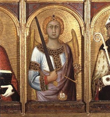 Św. Michał, fragment ołtarza Św. Geminianusa, Michała i Augustyna, ok. 1319 (tempera ze złotem i srebrem na desce) (detal z 58835) autorstwa Simone Martini