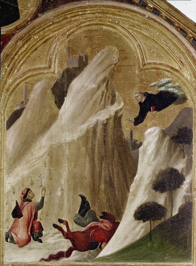 Cud rycerza spadającego z urwiska i pozostającego przy życiu. Część tryptyku Historia pustelnika św. Augustyna (Tempera na drewnie) autorstwa Simone Martini