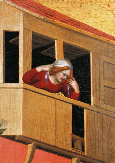 Kobieta pochylona nad balkonem, fragment ołtarza zatytułowanego Błogosławiony Agostino Novello i historie jego życia, autorstwa Simone Martini (1283-1344), olej na płótnie, 200x256 cm, ok. 1330 r. autorstwa Simone Martini