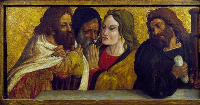 Ostatnia Wieczerza, detal predelli z poliptyku Simone da Firenze, kościół Santi Pietro e Paolo, San Chirico Raparo (Potenza), Basilicata, Włochy. autorstwa Simone da Firenze