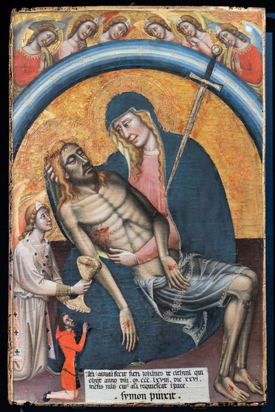 Lamentacja nad zmarłym Chrystusem z klientem Iohannesem de Elthinlem, Simone dei Crocifissi, c. 1368. Dziewica jest przedstawiona jako Matka Boża Bolesna z mieczem w sercu. autorstwa Simone dei Crocifissi