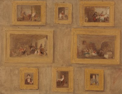 Jedynak; Harfa Żyda; Odcięty palec; Buff ślepca; Dzień czynszu; Szkocki dudziarz; Prieu-Dieu; i Autoportret: szkic ośmiu obrazów oprawionych i wiszących na ścianie autorstwa Sir David Wilkie