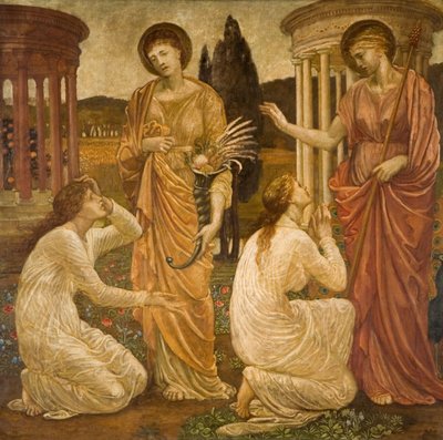 Kupidyn i Psyche - Pałacowe Zielone Malowidła - Psyche w Sanktuariach Juno i Ceres, 1881. autorstwa Sir Edward Coley Burne Jones