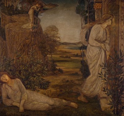 Kupidyn i Psyche - Pałacowe Zielone Malowidła - Zefir niosący psychikę do góry, 1881. autorstwa Sir Edward Coley Burne Jones