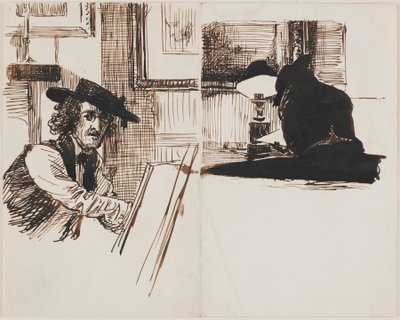 Whistler rysujący Poyntera; widok z tyłu mężczyzny siedzącego przy stole w pobliżu zapalonej lampy autorstwa Sir Edward John Poynter