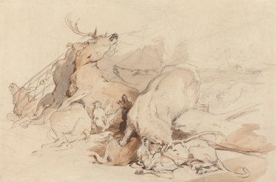 Psy i myśliwi atakujący jelenie autorstwa Sir Edwin Henry Landseer